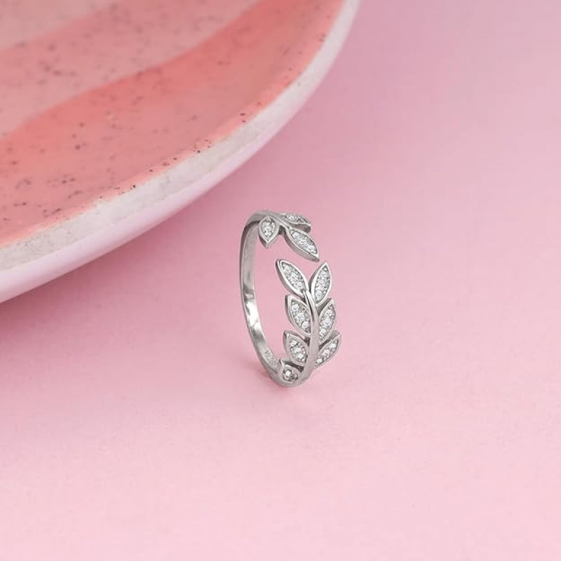 Silver Anushka Sharma Zircon Leaf Ring, Adjustable