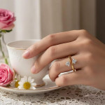 Cubic Zirconia Adjustable Golden Lotus Design Ring For Men And Women