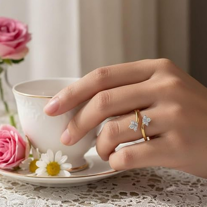 Cubic Zirconia Adjustable Golden Lotus Design Ring For Men And Women