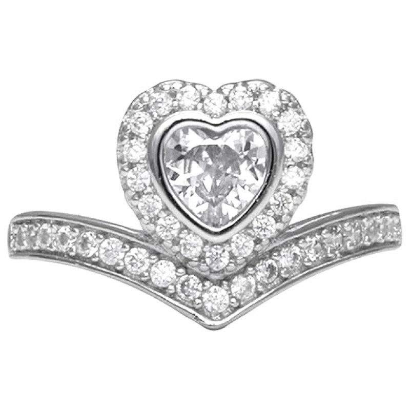 Silver Zircon Crown Heart Ring, Adjustable