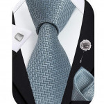Self Silk Neck Ties Set with Cufflinks Flower Pin, Pocket Square & Black