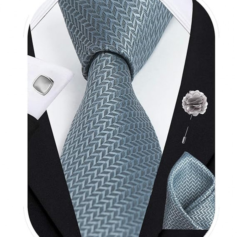Self Silk Neck Ties Set with Cufflinks Flower Pin, Pocket Square & Black