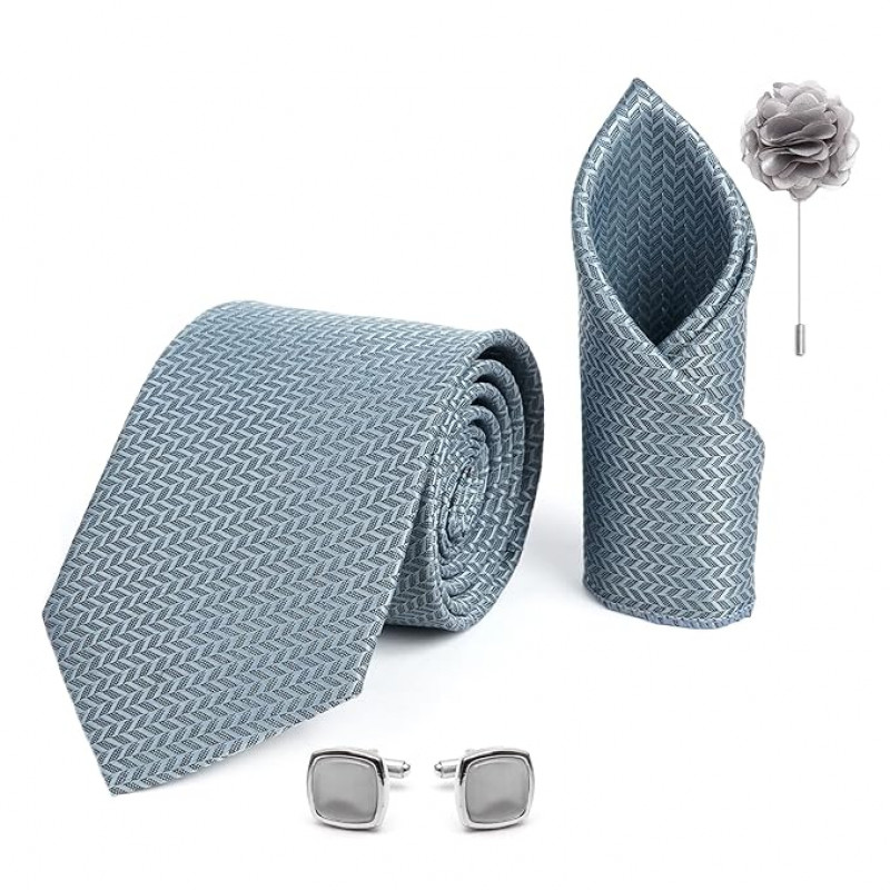 Self Silk Neck Ties Set with Cufflinks Flower Pin, Pocket Square & Black