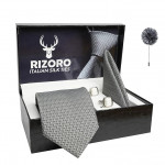 Self Silk Neck Ties Set with Cufflinks Flower Pin, Pocket Square & Black