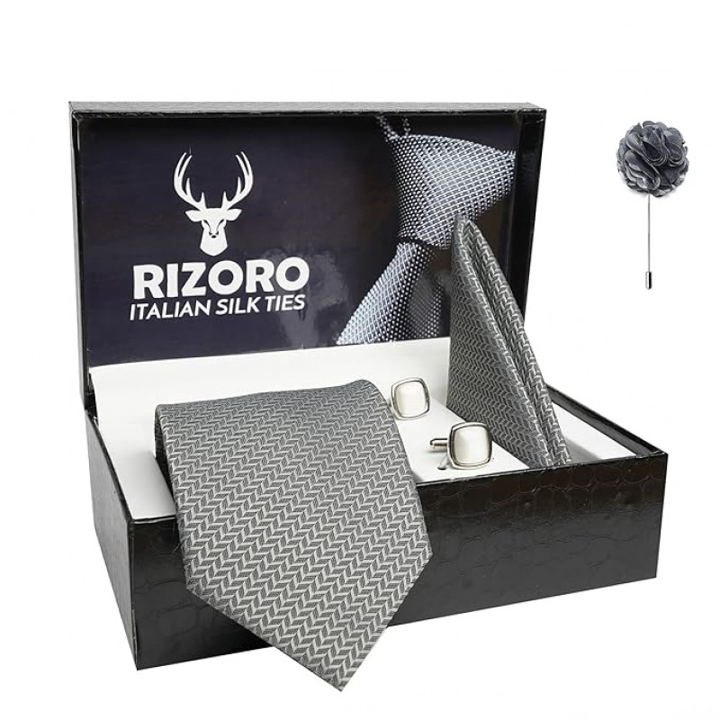Self Silk Neck Ties Set with Cufflinks Flower Pin, Pocket Square & Black