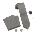 Self Silk Neck Ties Set with Cufflinks Flower Pin, Pocket Square & Black