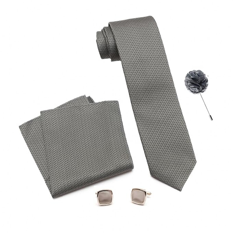 Self Silk Neck Ties Set with Cufflinks Flower Pin, Pocket Square & Black